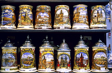 Display of beer steins, Prague, Czech Republic, Europe