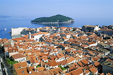 Rooftops of the Old City, UNESCO World Heritage Site, and Island of Lokrum, Dubrovnik, Dalmatian Coast, Croatia, Europe