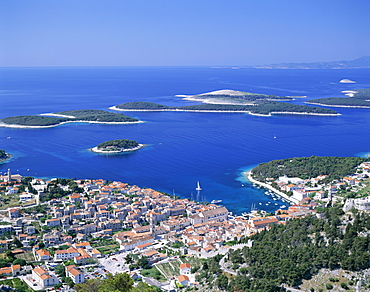 Town skyline and harbour, Hvar, Hvar Island, Adriatic Islands, Croatia, Europe