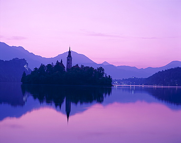 Lake Bled at dawn, Bled, Gorenjska Region, Slovenia, Europe