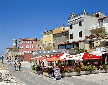 Waterfront cafes, Piran, Primorska Region, Slovenia, Europe