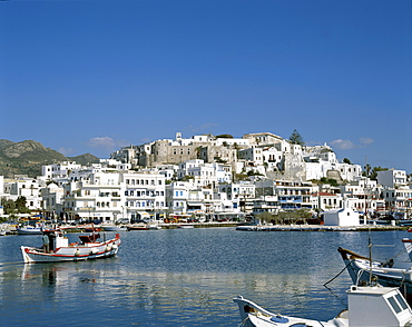 Town skyline and harbour, Naxos, Cyclades Islands, Greek Islands, Greece, Europe