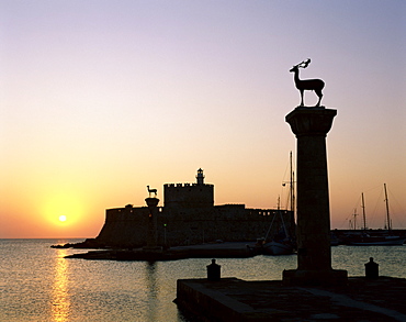 Sunrise, Mandraki Harbour, Rhodes, Dodecanese, Greek Islands, Greece, Europe