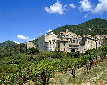 Village and apricot trees, Venterol, Provence, France, Europe