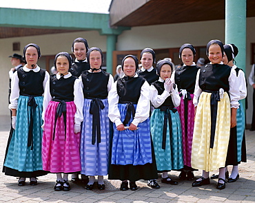 Group of girls in Breton traditional dress, Brittany, France, Europe