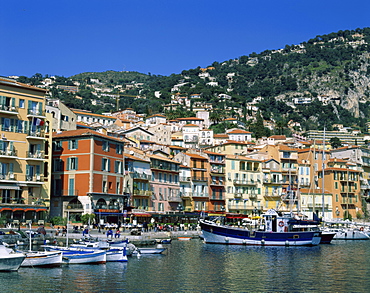 Harbour and fishing boats, Villefranche-sur-Mer, near Nice, Provence, Cote d'Azur, French Riviera, France, Mediterranean, Europe