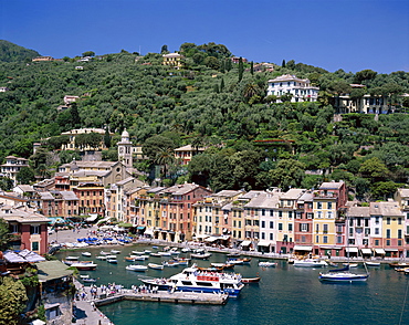 Coastal view, village and harbour, Portofino, Liguria, Italy, Europe