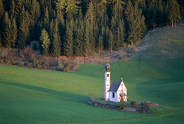 St. Giovanni Church and green fields, Villnoss, Val di Funes, Trentino, Italy, Europe