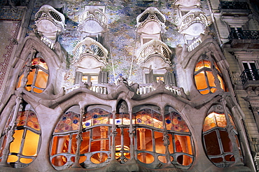 Casa Batllo at night, by Antoni Gaudi, Barcelona, Catalonia, Spain, Europe