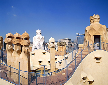 Rooftop and chimneys, Casa Mila (La Pedrera), by Antoni Gaudi, UNESCO World Heritage Site, Barcelona, Catalonia, Spain, Europe