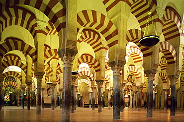 Arches and pillars inside the Mezquita (Great Mosque), UNESCO World Heritage Site, Cordoba, Andalusia, Spain. Europe