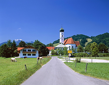 Road with church, Speiden, Bavaria, Germany, Europe