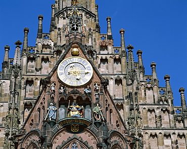 Detail of clock tower, Frauenkirche, Gothic church, Market Square (Hauptmarkt) Nuremberg, Bavaria, Franconia, Germany, Europe