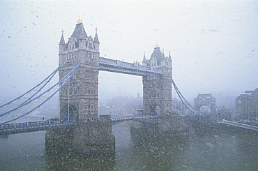 Tower Bridge in snow storm, London, England, United Kingdom, Europe