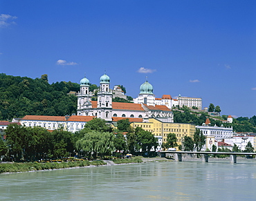 Town skyline and Danube River, Passau, Bavaria, Germany, Europe