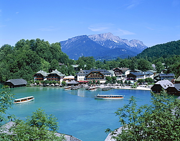 Konigsee Lake with Konigsee town, Konigsee, Bavaria, Berchtesgadener Land, Germany, Europe