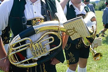 Detail of brass horn, Marching Brass Band, Bavarian Festival, Rosenheim, Bavaria, Germany, Europe