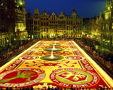 Floral Carpet (Tapis des Fleurs) at night, Grand Place, UNESCO World Heritage Site, Brussels, Belgium, Europe