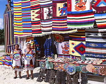 Ladies in Mayan costume outside a souvenir store, Cancun, Yucatan, Mexico, North America