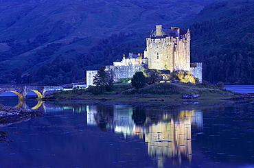 Loch Duich and Eilean Donan Castle at night, Highlands, Scotland, United Kingdom, Europe