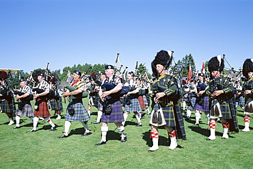 Bagpipers marching, Highland Games, Highlands, Scotland, United Kingdom, Europe