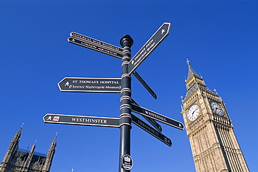 Big Ben and signpost, London, England, United Kingdom, Europe