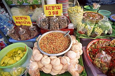 Display on a typical street food stall, Bangkok, Thailand, Southeast Asia, Asia