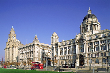 Pierhead with Port of Liverpool, Cunard and Royal Liver Historical Buildings, Liverpool, Merseyside, England, United Kingdom, Europe