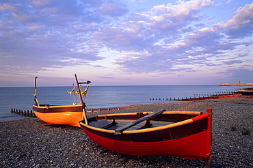 Colourful fishing boats on Worthing Beach, Worthing, Sussex, England, United Kingdom, Europe