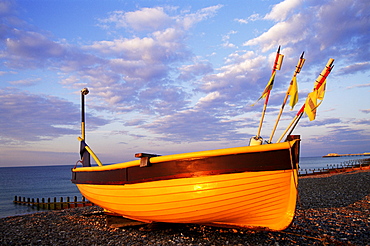 Colourful fishing boats on Worthing Beach, Worthing, Sussex, England, United Kingdom, Europe