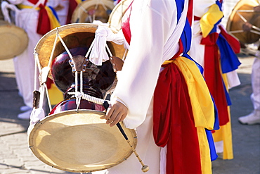 Detail of traditional drum and Farmers dance costume, Namsangol Hanok Village, Seoul, South Korea, Asia