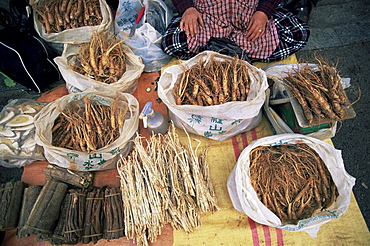 Ginseng display on stall, Namdaemun Market, Seoul, South Korea, Asia