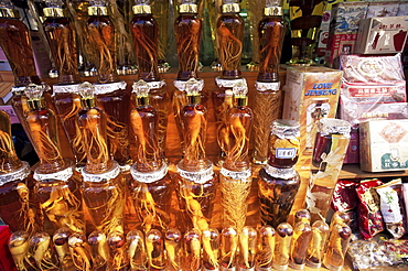 Bottled ginseng drinks for sale, Namdaemun Market, Seoul, South Korea, Asia