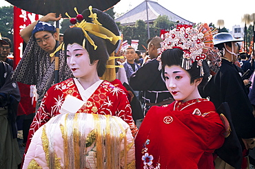 Geishas at Jidai Matsuri Festival held annually in November at Sensoji Temple Asakusa, Tokyo, Honshu, Japan, Asia