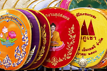 Detail of Buddhist imagery on monks' fans, Thailand, Southeast Asia, Asia