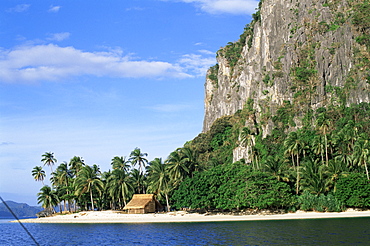 Thatched hut on palm tree beach, Inabuyutan Island, El Nido, Bascuit Bay, Palawan, Philippines, Southeast Asia, Asia