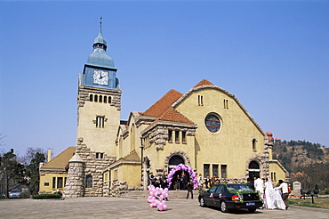 Wedding at the German colonial era Christian church, Qingdao, Shandong Province, China, Asia