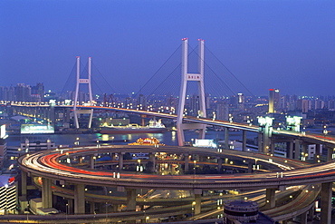 Night view of Nanpu Bridge and Huangpu River, Shanghai, China, Asia