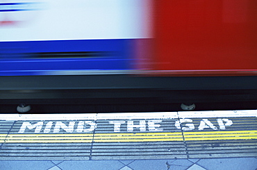 Mind The Gap sign at Bank Underground Station, London Underground, London, England, United Kingdom, Europe