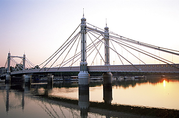 Albert Bridge at sunrise, Chelsea, London, England, United Kingdom, Europe