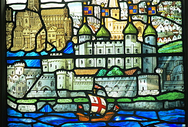 Stained glass window depicting the Tower of London and River Thames, All Hallows by the Tower church, City of London, London, England, United Kingdom, Europe