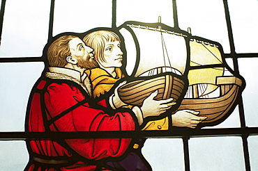 Stained glass window depicting shipping merchants carrying model sailing ships, All Hallows by the Tower church, City of London, London, England, United Kingdom, Europe