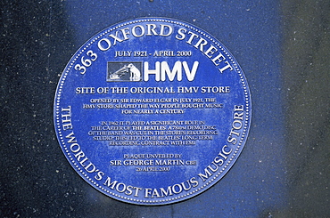 HMV Store blue plaque, 363 Oxford Street, London, England, United Kingdom, Europe