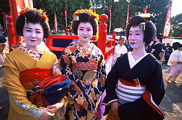 Geishas at Jidai Matsuri Festival held annually in November at Sensoji Temple, Asakusa, Tokyo, Japan, Asia