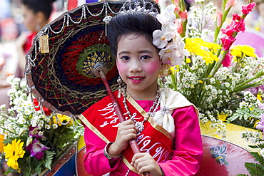 Portrait of girl in traditional Thai costume at the Chiang Mai Flower Festival, Chiang Mai, Thailand, Southeast Asia, Asia