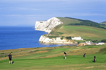 Golfers on the Tennyson Downs, Isle of Wight, England, United Kingdom, Europe