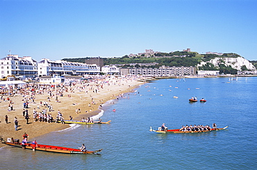 Beach and town skyline, Dover, Kent, England, United Kingdom, Europe