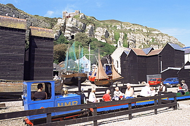 Miniature railway and net huts in Hastings Old Town, Hastings, East Sussex, England, United Kingdom, Europe