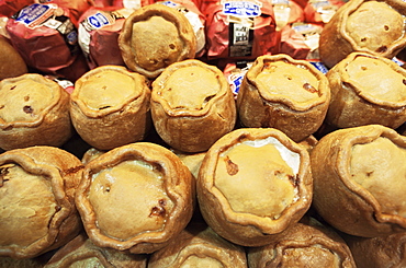 Display of Melton Mowbray pork pies in the Olde Pork Pie Shop, Melton Mowbray, Leicestershire, England, United Kingdom, Europe