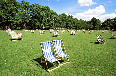 Deck chairs in St. James's Park, London, England, United Kingdom, Europe